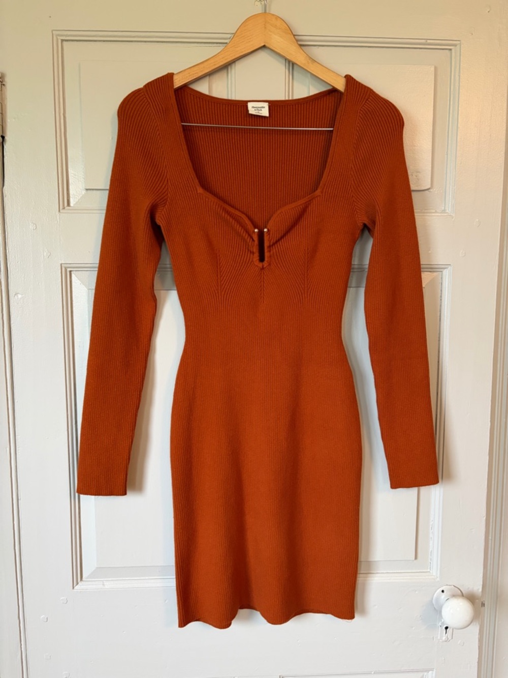 Abercrombie & Fitch Ribbed Long-Sleeve Dress in Rust Orange